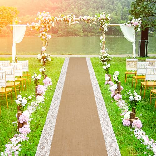 20ft Natural Burlap Wedding Aisle Runner with Lace Edges - Moonoom