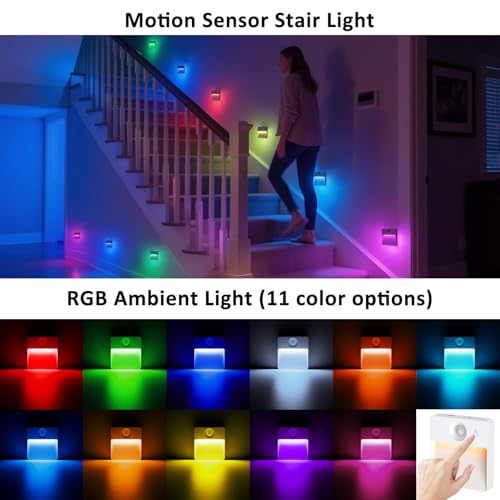 16 Pack Rechargeable RGBW Magnetic Motion Sensor Night Lights for Stairs, Cabinets, Hallways, White