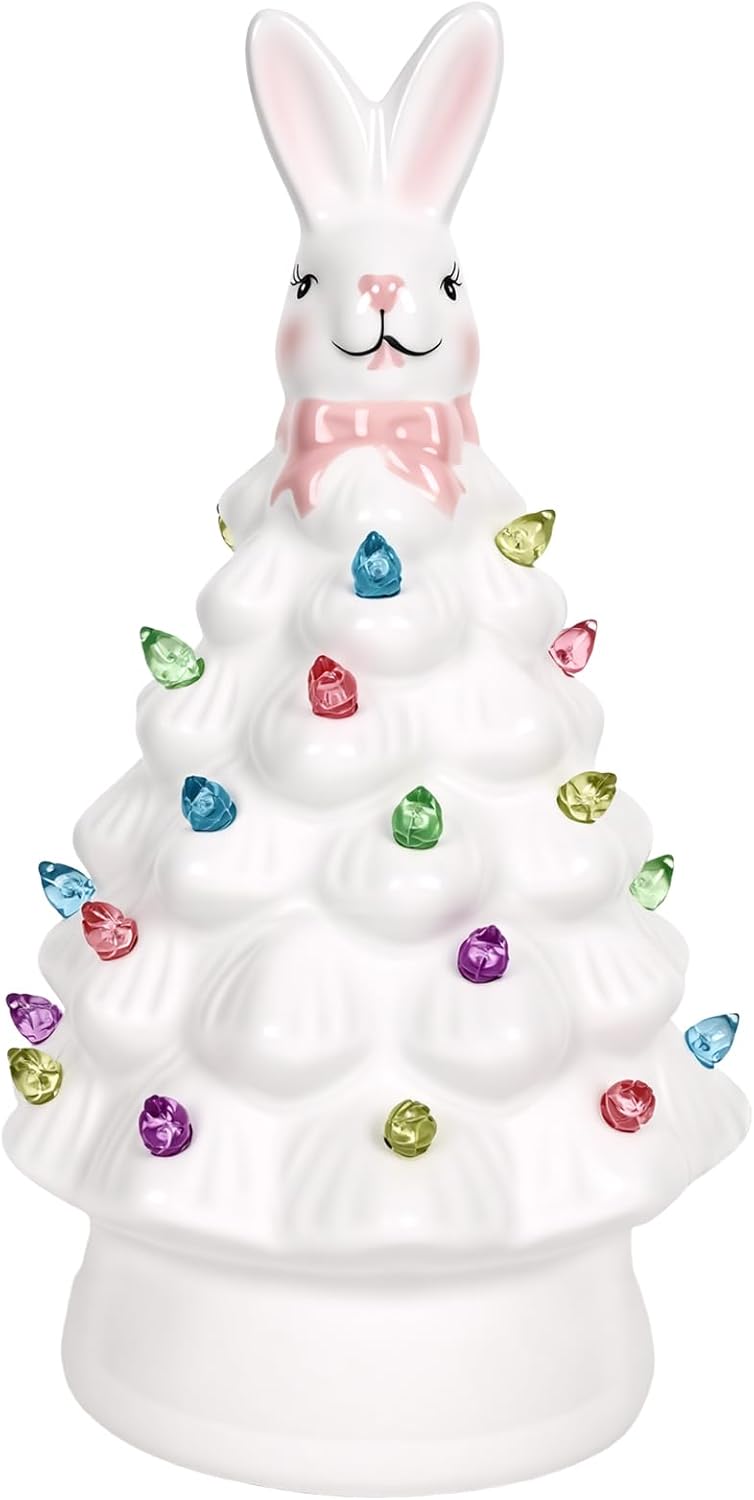 Skiennix Easter Decorations - Adorable Ceramic Bunny Tree Night Light for Home & Kids' Gifts