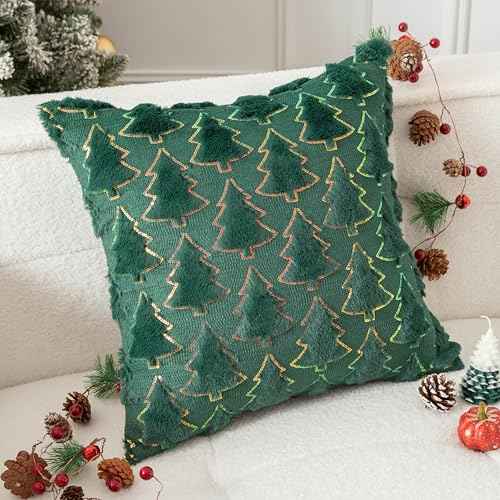 UGASA Christmas Tree Decorative Pillow Covers 18x18 Inch Set of 2 Soft Plush Faux Fur Luxury Sparkling Sequin Pattern Throw Pillows Pillowcases for Couch Sofa Holiday Festivals Home Decor, Dark Green