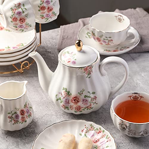 Porcelain Tea Set with Rose Flower Design - 8 OZ Cups & Saucer Service for 6, Includes Teapot Sugar Bowl Creamer & Strainer