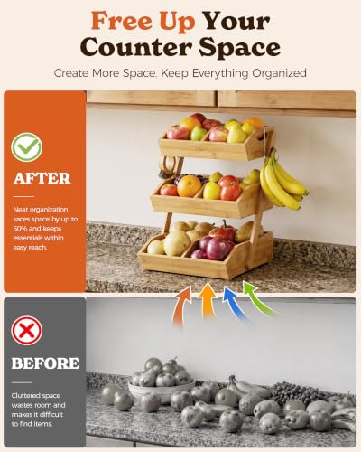 Natural Bamboo 3-Tier Fruit Basket with 2 Banana Holders - Kitchen Organizer