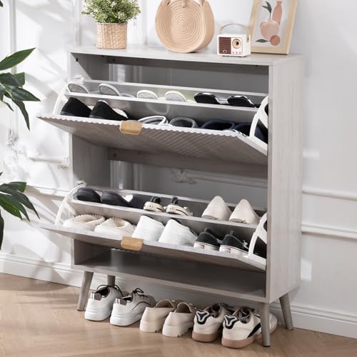 Oakvivo Grey Shoe Cabinet with 2 Flip Drawers, Entryway Organizer
