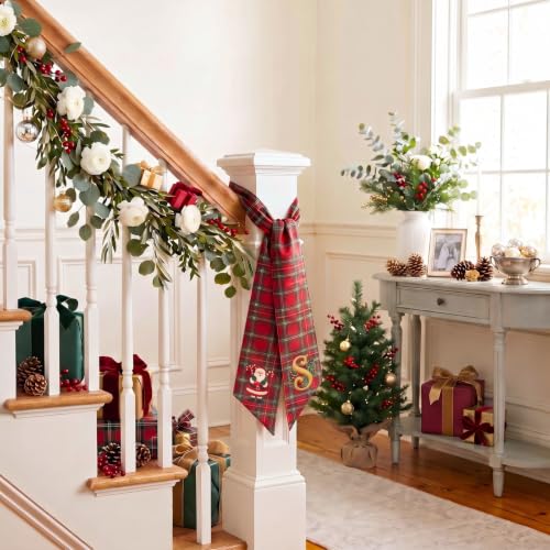 Personalized Christmas Wreath Sash with Monogram Letter S - Red Buffalo Plaid Holiday Decor