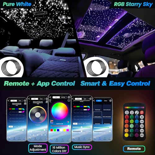 Split Starlight Headliner Kit 400pcs 0.02in 4.9ft Fiber Optic RGBW Star Lights for Car with 2 Light Heads 16W Engine 1+2+400*0.5*1.5m