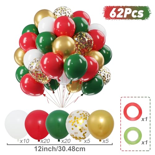 Christmas Red Green Gold Balloons Set, 60Pcs 12 Inch Red Green White Metallic Gold Confetti Latex Balloon Kit for Christmas Grinch Birthday Party Decorations