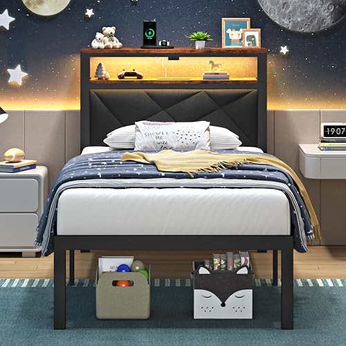 Black Twin Size Bed Frame with RGB LED Lights, 2-Tier Shelf & Charging Station