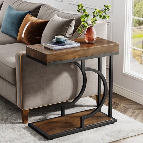 Tribesigns Brown and Black C-Shaped Side Table for Couch - Modern Narrow End Table