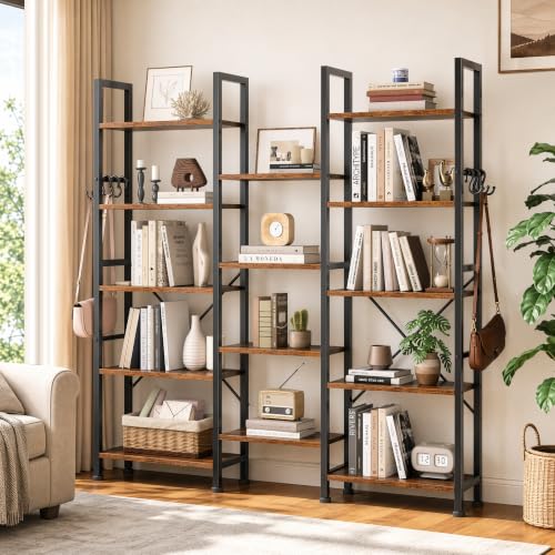 Furologee 5-Tier Rustic Brown Bookshelf with 14 Display Shelves - Triple 3-Column Design