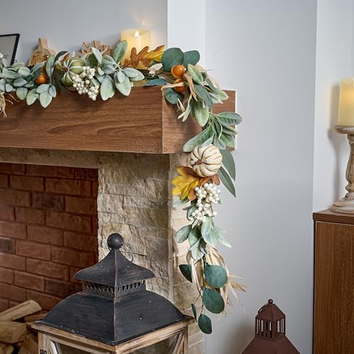 Valery Madelyn 6ft Fall Garland with Pumpkins & LED Lights, White/Green