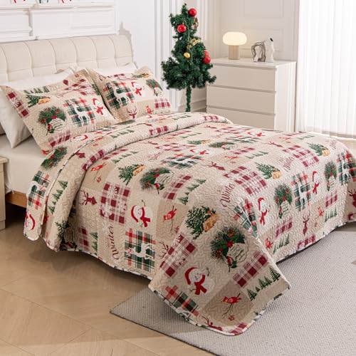 3-Piece Christmas Quilt Set Twin Size Cozy Xmas Snowman Reindeer elk