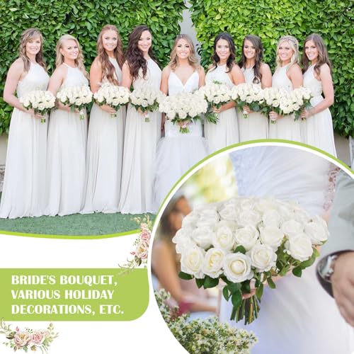 Artificial White Rose Flowers Bulk - Velvet Silk Long-Stem 120 Pcs