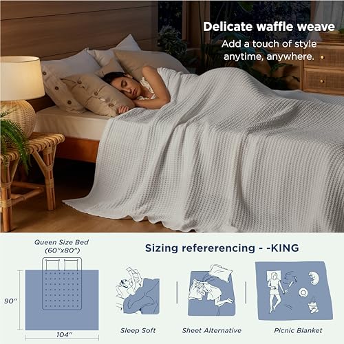 Bedsure 100% Cotton Blanket, Waffle Weave, King Size, White, 104"x90"