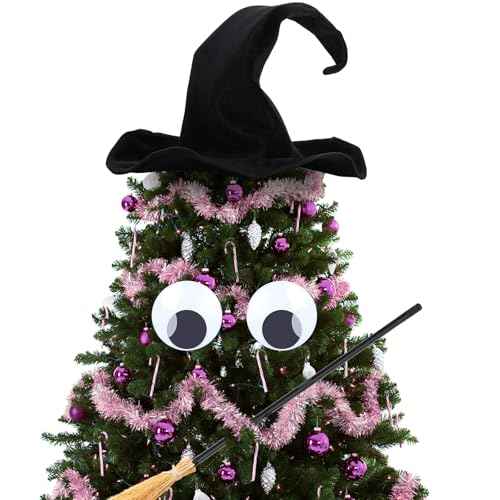 Gejoy 3 Pcs Halloween Tree Topper Witch Hat Decor Include Large Witch Hat Self Adhesive Wiggle Giant Googly Eyes and Reversible Broom for Halloween Christmas Tree Decor Masquerade Party Decoration