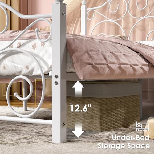 Twin Metal Bed Frame with Headboard Footboard Support - White, Easy Assembly