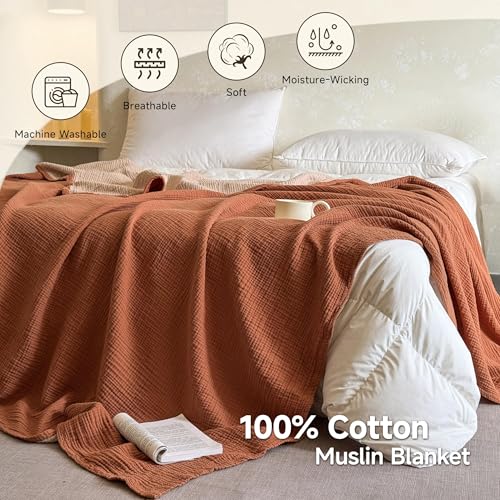 Cotton Muslin Blanket Queen Size Reversible 4-Layer Gauze Bedspread for All-Season Comfort - Rust Orange