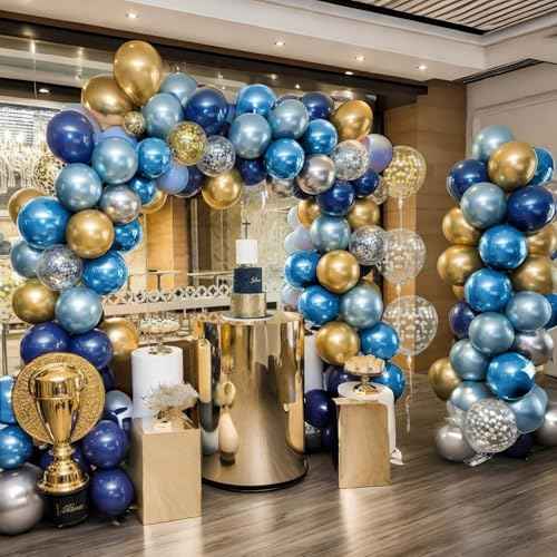 Blue Gold Silver Balloons, 50 PC 12 Inch Metallic Navy Royal Light Blue Silver Gold Balloon With Star Confetti Birthday Balloons Decoration, Kids Party Balloon for Retirement Baby Shower Boys Fathers