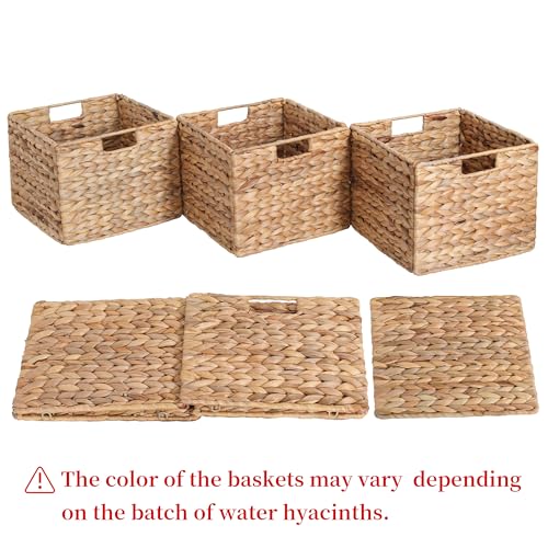 Water Hyacinth Storage Baskets Set of 3 - Large Foldable Woven Wicker Cubes for Shelves