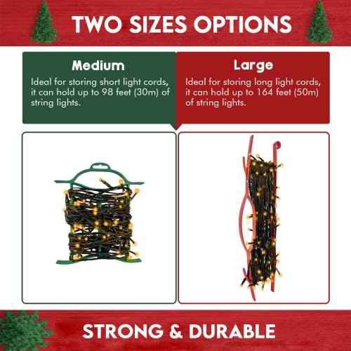 Set of 6 Light & Cord Wind Up Christmas Light Storage, Strong & Hangable, for Organizing Christmas Lights & Electric Cords, Each Holds Up to 98 ft (2 Red 2 Green Grey Blue, 7inch x 8inch)