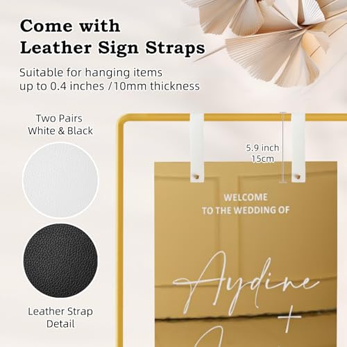Furosa Gold Wedding Sign Holder with Adjustable Height & Leather Straps - Heavy Duty Easel for Welcome Sign & Seating Chart