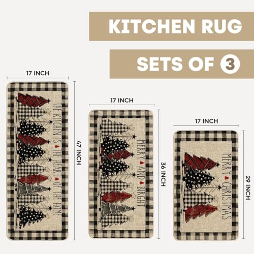 Buffalo Plaid Christmas Kitchen Mats Set of 3 Non-Slip Floor Rugs Winter Decor