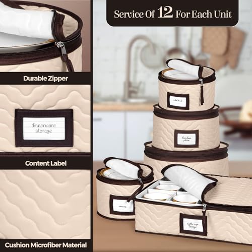 Beige 5-Piece China Storage Container Set Quilted Dinnerware Organizer