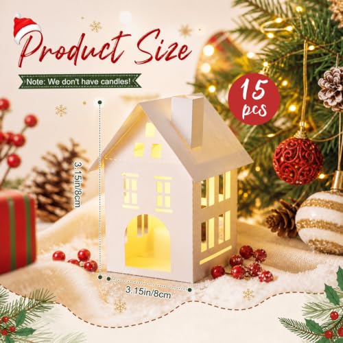 15 Pcs White Christmas Village House Paper Lanterns Centerpieces - White/Christmas Village House