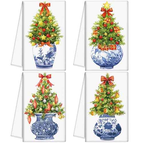 Macarrie 4 Pcs Chinoiserie Kitchen Towels 24" x 16" Blue and White Dish Hand Towels Porcelain Tea Towels Dishcloths Kitchen Bathroom Decor Spring Holiday Housewarming Gift