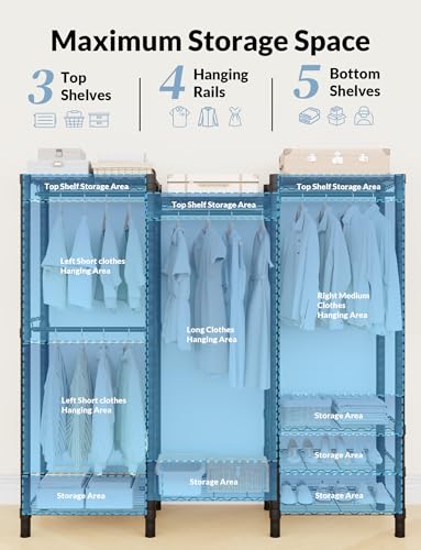 Black Heavy Duty Clothes Rack with 8 Shelves & 4 Adjustable Hangers - Industrial Metal Closet Organizer