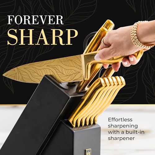 Styled Settings Gold Knives with Etched Leaves Pattern and Sharpener