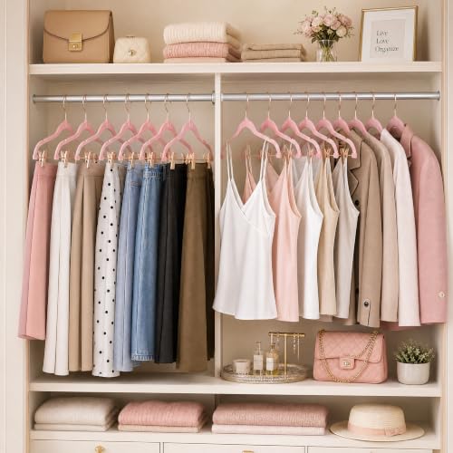 Peach Pink Velvet Pants Hangers with Clips - 24 Pack with Rose Gold Hooks