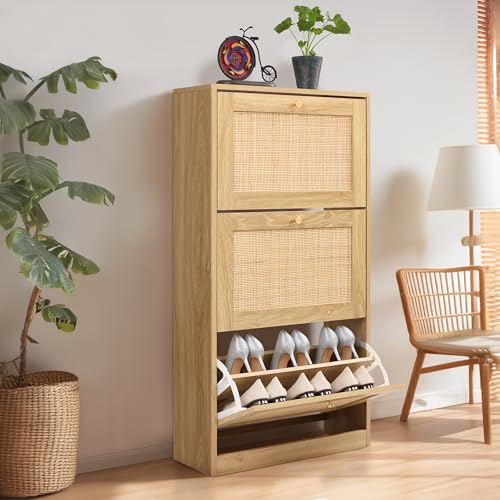 Natural Rattan 3-Tier Shoe Cabinet with Flip Drawers & Large Top Storage