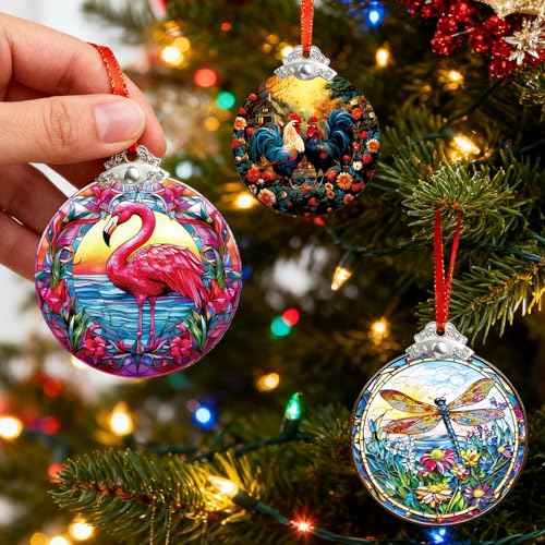 Flamingo Christmas Tree Ornaments - Stained Glass Hanging Art Decor for Window Home Elegant Round Ornament Small Sun Catcher Xmas for Bird Lover Women Gifts Exchange Idea
