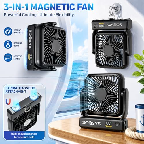 Magnetic Travel Fan for Cruise & Camping - 5000mAh Ultra-Slim Rechargeable Portable Fan - Black, Small