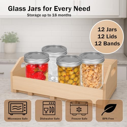 8 oz Mason Jars Pack of 12 with Airtight Lids and Jar Opener – Perfect for Canning & Storage