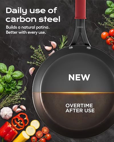 Black 12 Inch Carbon Steel Frying Pan with Lid - Pre-Seasoned Nonstick Skillet