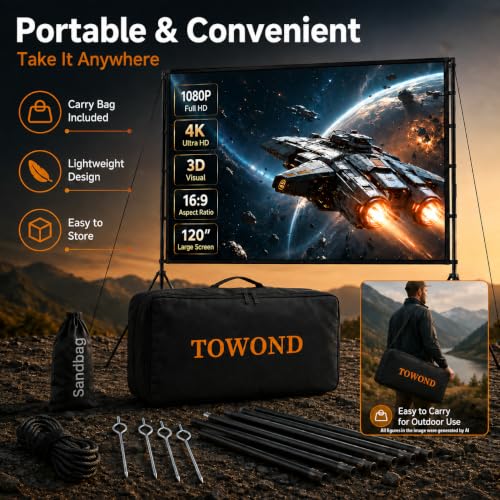 Towond 120 Inch Portable Projector Screen with Stand, 4K HD Indoor Outdoor Movie Display