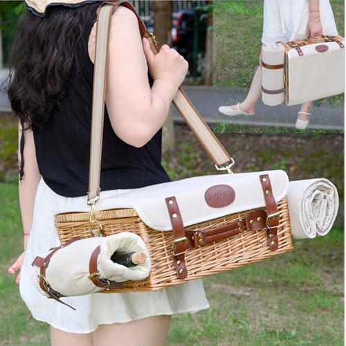 Multifunctional Wicker Picnic Basket Set for 2 with Blanket & Table - Natural Variation