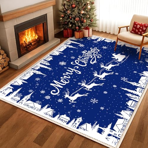 Dunzy Blue Snowflakes Christmas Door Mat 5x7 ft Non-Slip Washable