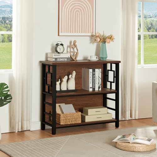 Rustic Brown 3-Tier Deep Book Shelf with Storage - Small Space Living Room & Office