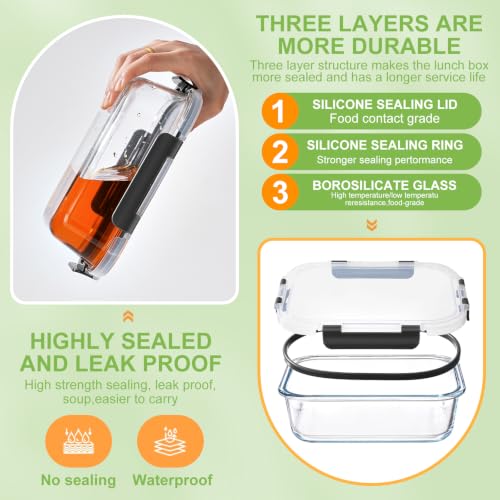 36oz Glass Meal Prep Containers with Dividers - 6 Pack, Leak-Proof, Microwave Safe