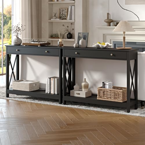 Treocho Black Console Table with Drawer & Shelves - 40.1" Wide Entryway Sofa Table