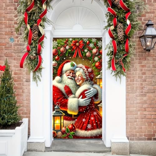 Christmas Door Cover Decoration - Santa & Mrs. Claus Backdrop, 71 x 35 Inch Hanging Cover, Funny Santa Banner for Christmas Party, New Year Photo Booth, and Holiday Decor