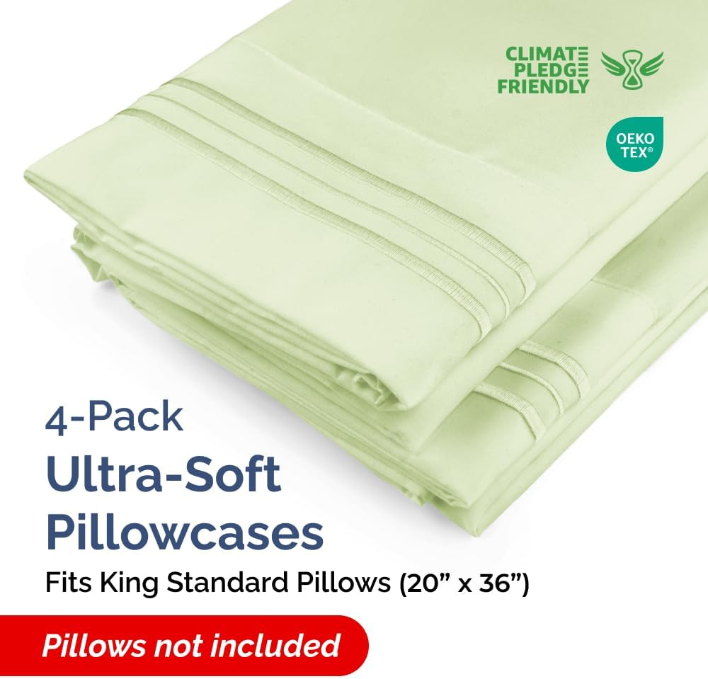 King Standard Pillow Cases - Soft Hotel Quality Covers for Comfy Bedding | Set of 4 in Light Sage Green