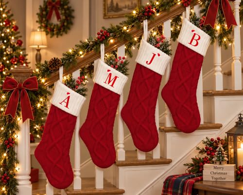 Red Knit Christmas Stocking with Initial H - 18 Inch Fireplace Decor