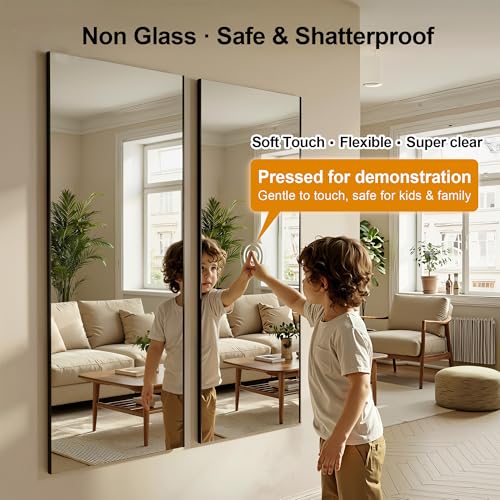 Brisafe No-Nail Self-Adhesive Wall NanoMirror 20x55 in Black - Full-Length Framed Mirror for Smooth Surfaces