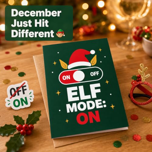 Elf Mode Christmas Card — ON/OFF Switch with Elf Ears, Dark Green 5x7