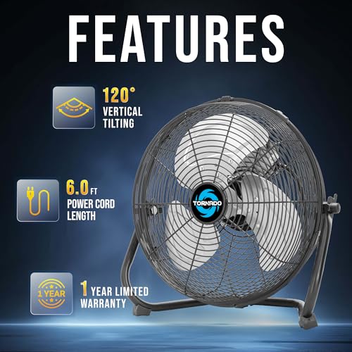 12-Inch High-Velocity Metal Floor Fan - 3-Speed, Tilting, Industrial & Home Use