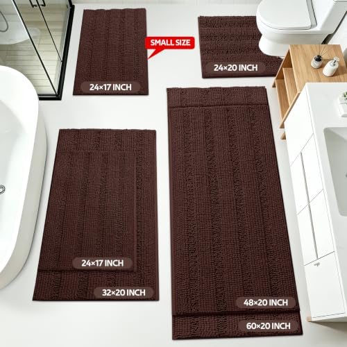 ACCUMTEK Brown Striped Bathroom Rug Set 3 Pieces - Ultra Soft Non-Slip Chenille Mats, U-Shape Contour & Small Bath Rugs, 2'8"x1'8"+2'x1'5"