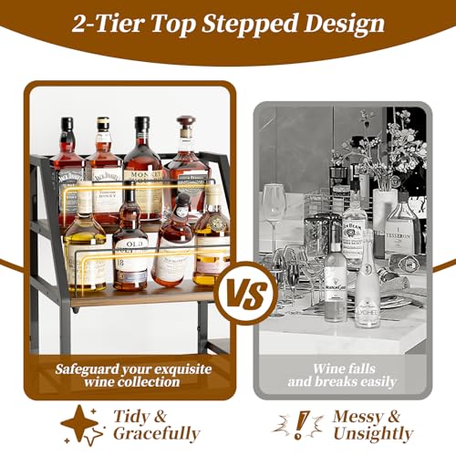 Large Black & Brown Rolling Bar Cart with Wine Glass Holder and 4-Bottle Wine Rack